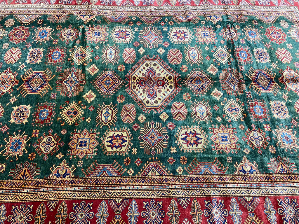 8.4 X 12.3 GREEN Quality Wool Hand-Knotted Super Kazak Rug  #PIX-25088