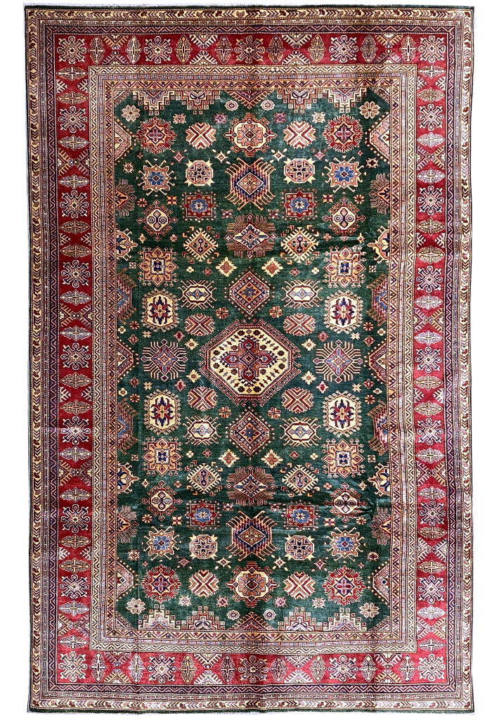 8.4 X 12.3 GREEN Quality Wool Hand-Knotted Super Kazak Rug  #PIX-25088