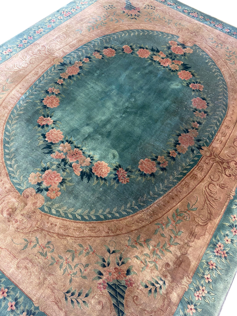 8.4 x 11.7 Art Deco Chinese Rug GREEN GOLD #F-6656