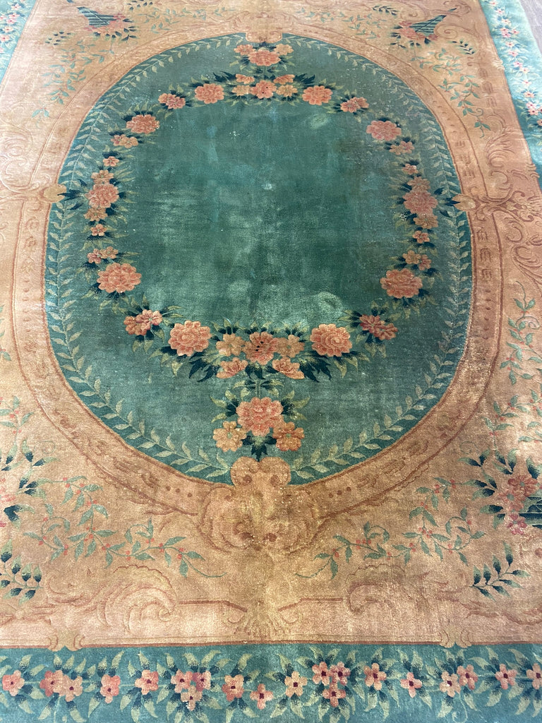 8.4 x 11.7 Art Deco Chinese Rug GREEN GOLD #F-6656