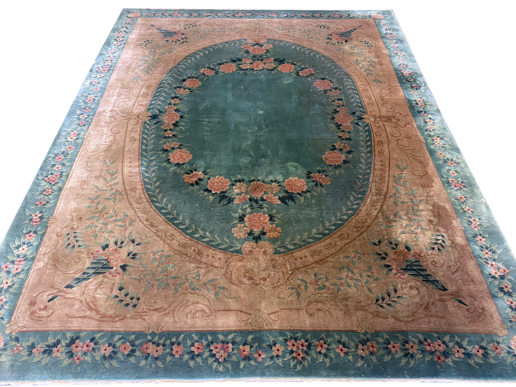 8.4 x 11.7 Art Deco Chinese Rug GREEN GOLD #F-6656