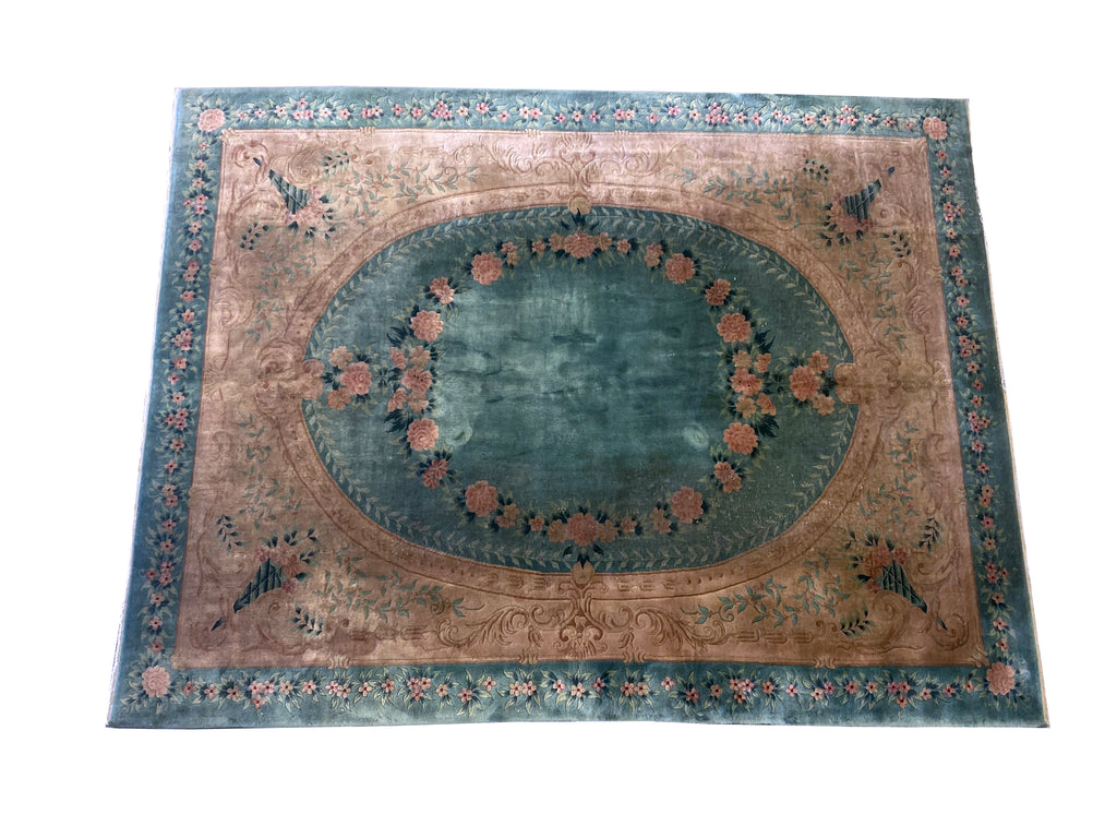8.4 x 11.7 Art Deco Chinese Rug GREEN GOLD #F-6656