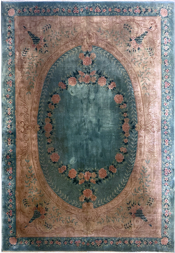 8.4 x 11.7 Art Deco Chinese Rug GREEN GOLD #F-6656