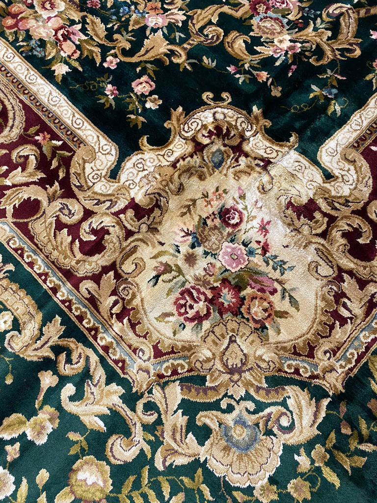 8 x 10 French Aubusson Handmade Rug Bamboo Silk Dark GREEN #PIX-21890