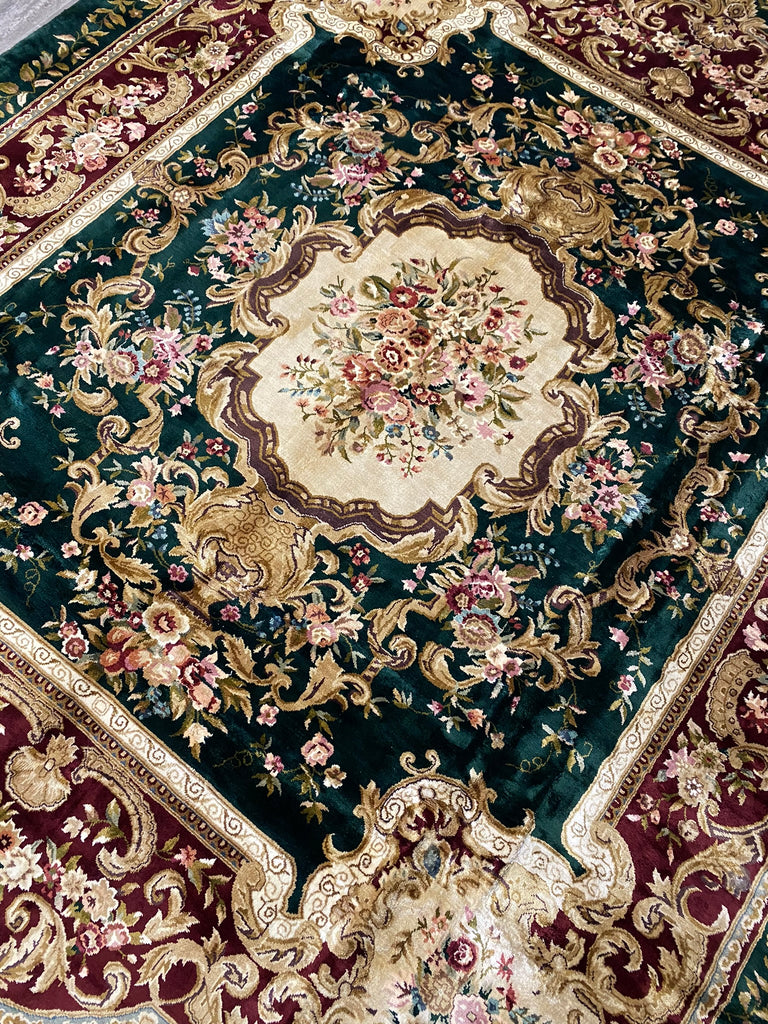 8 x 10 French Aubusson Handmade Rug Bamboo Silk Dark GREEN #PIX-21890