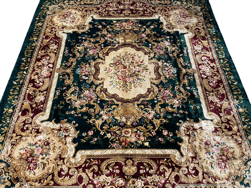 8 x 10 French Aubusson Handmade Rug Bamboo Silk Dark GREEN #PIX-21890