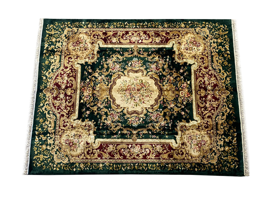 8 x 10 French Aubusson Handmade Rug Bamboo Silk Dark GREEN #PIX-21890