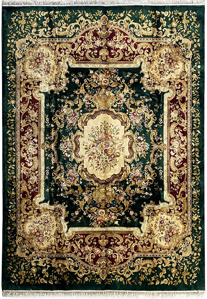 8 x 10 French Aubusson Handmade Rug Bamboo Silk Dark GREEN #PIX-21890