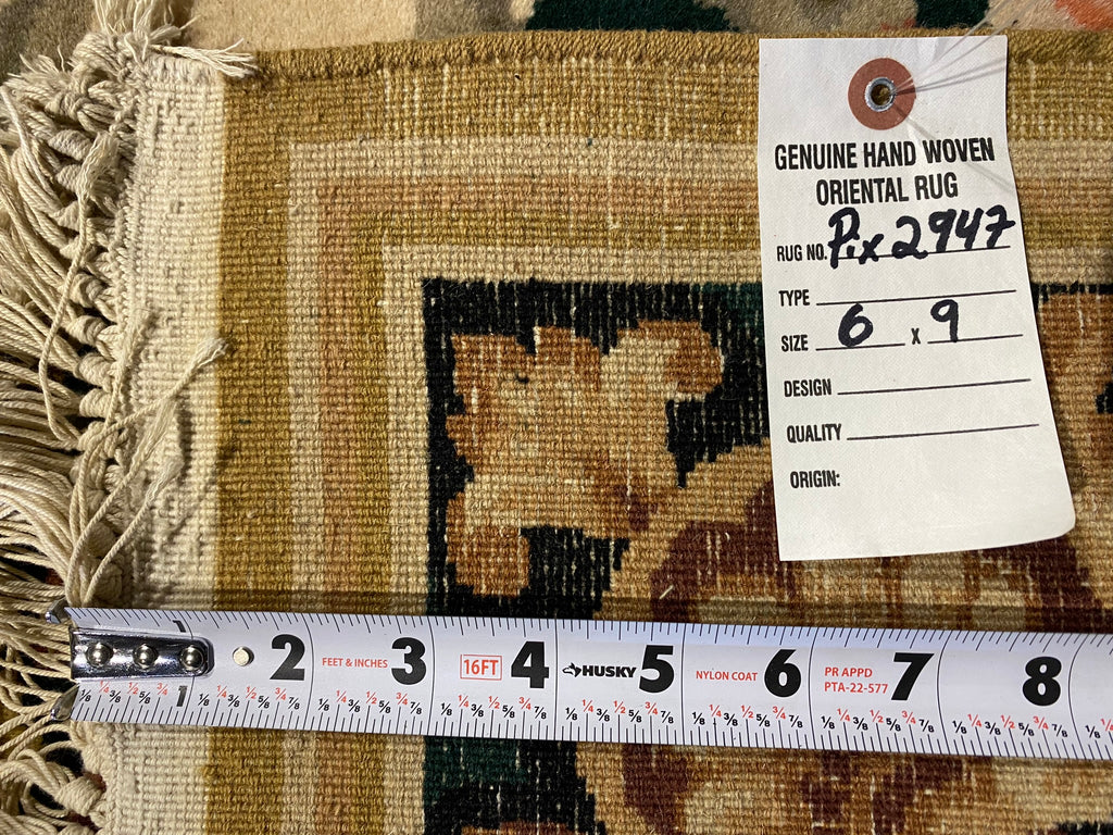 6 x 9 French Aubusson Handmade Rug GREEN #PIX-2947