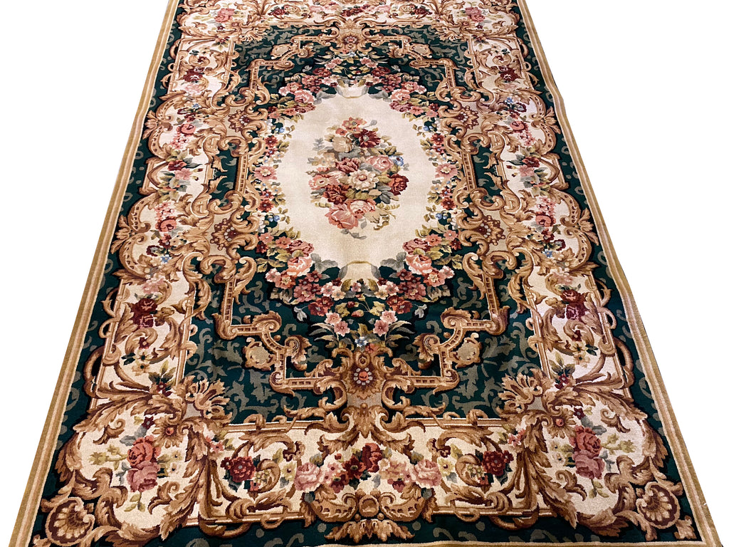 6 x 9 French Aubusson Handmade Rug GREEN #PIX-2947