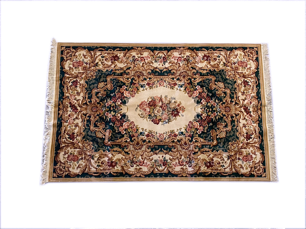 6 x 9 French Aubusson Handmade Rug GREEN #PIX-2947