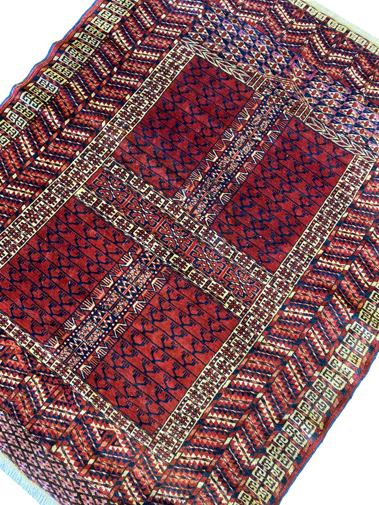 3.9 x 4.9 Antique Turkmen Russian Yamud Rug 1940's #F-6687