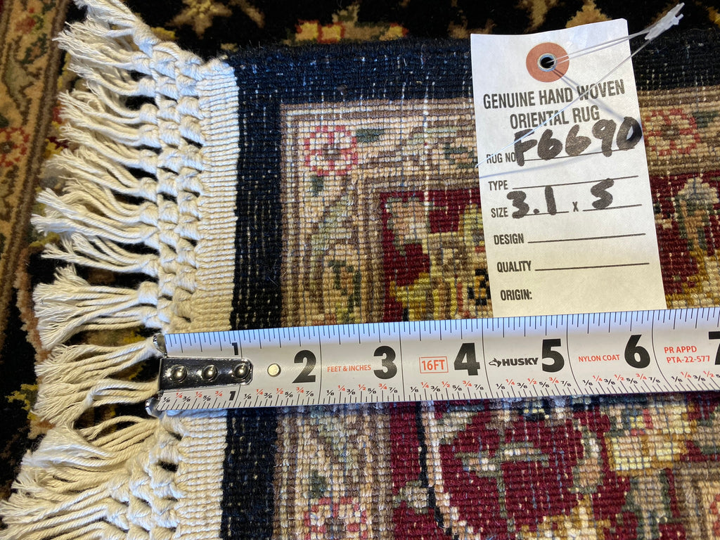 3.1 x 5 Fine Wool and Silk Handmade Rug BLACK #F-6690
