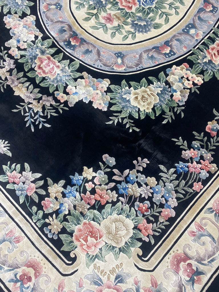 8.2 x 9.10 Handmade French Aubusson Rug BLACK BAMBOO SILK #F-6740