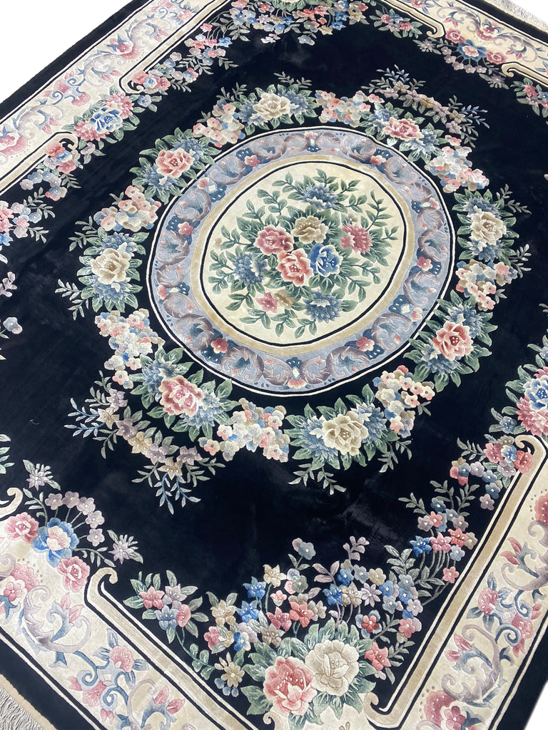 8.2 x 9.10 Handmade French Aubusson Rug BLACK BAMBOO SILK #F-6740