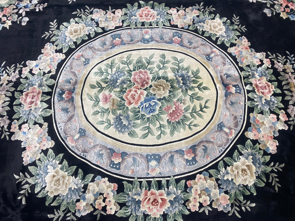 8.2 x 9.10 Handmade French Aubusson Rug BLACK BAMBOO SILK #F-6740