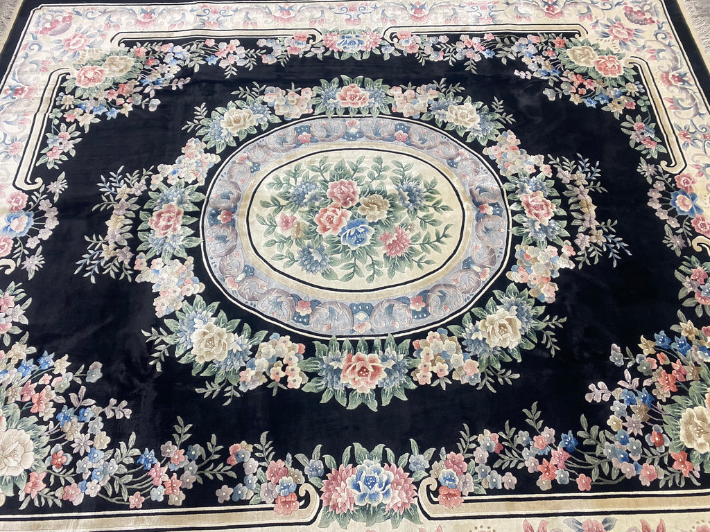 8.2 x 9.10 Handmade French Aubusson Rug BLACK BAMBOO SILK #F-6740