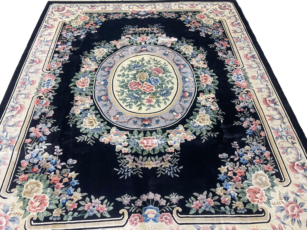 8.2 x 9.10 Handmade French Aubusson Rug BLACK BAMBOO SILK #F-6740