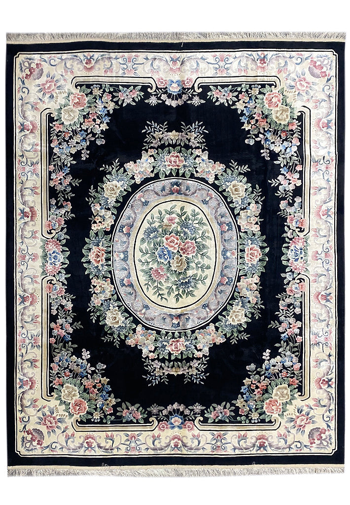 8.2 x 9.10 Handmade French Aubusson Rug BLACK BAMBOO SILK #F-6740