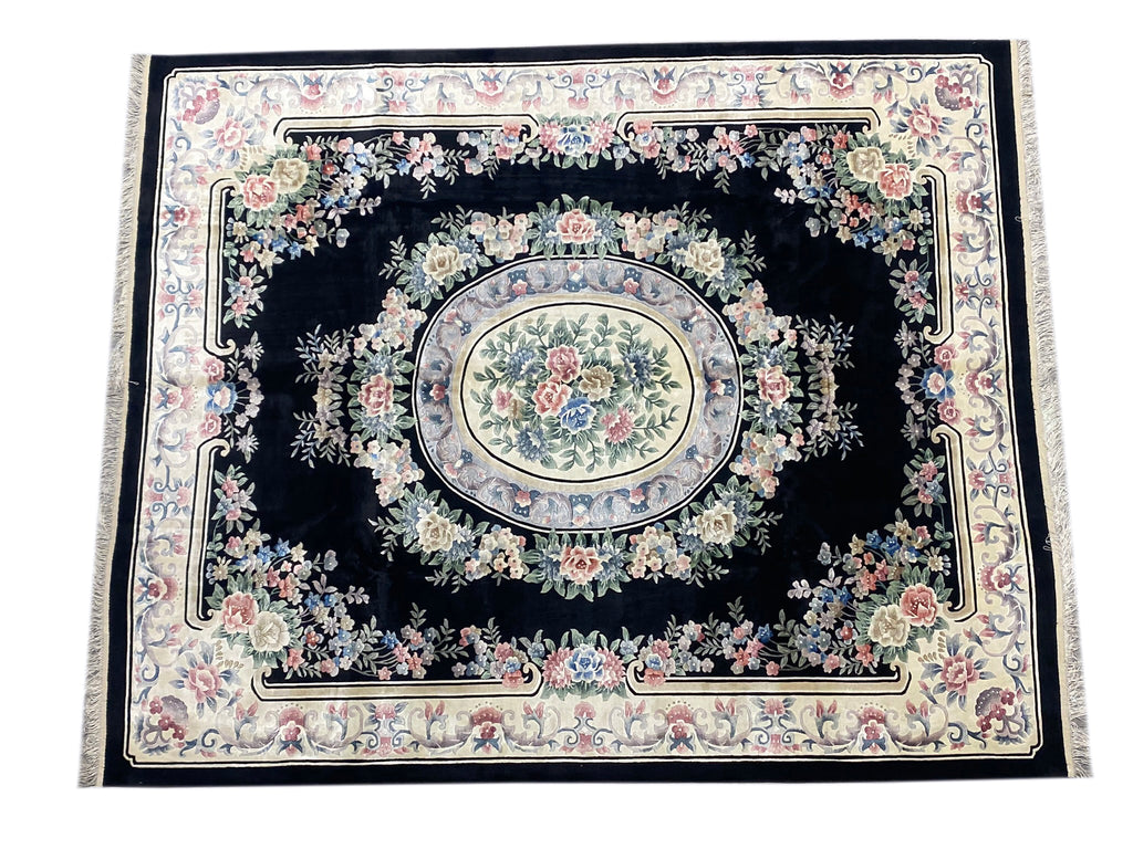 8.2 x 9.10 Handmade French Aubusson Rug BLACK BAMBOO SILK #F-6740
