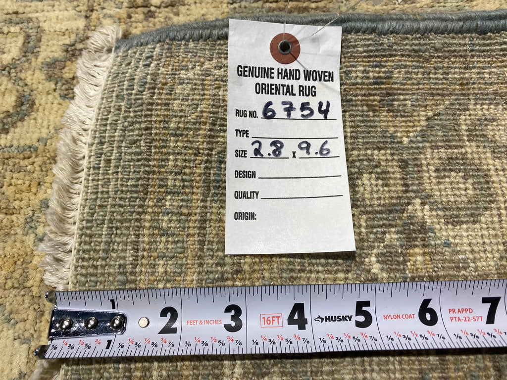 9' Foot Runner GREEN Handmade Chobi Peshawar Rug #F-6754