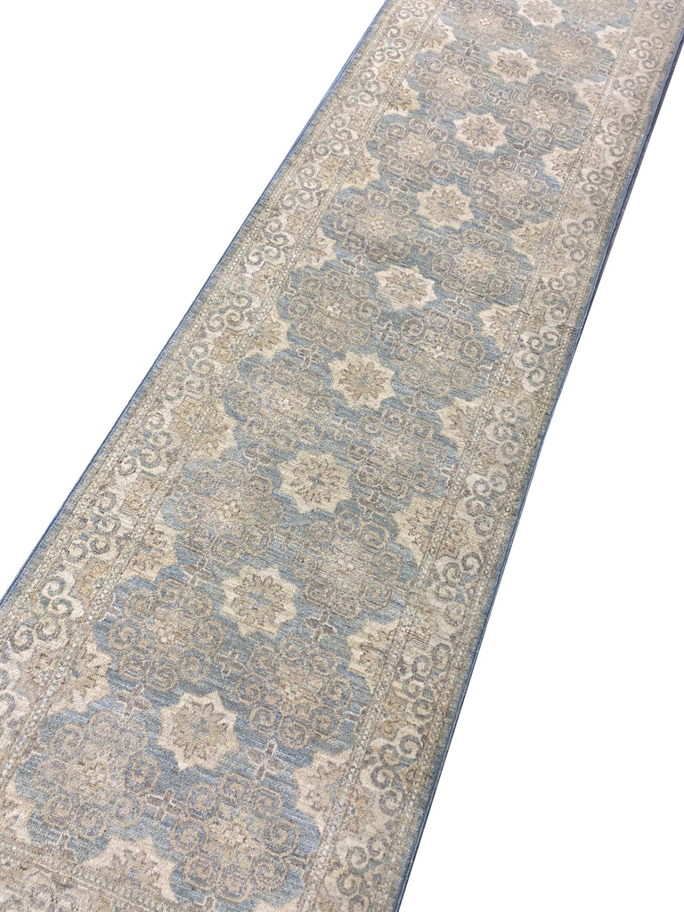 9' Foot Runner GREEN Handmade Chobi Peshawar Rug #F-6754