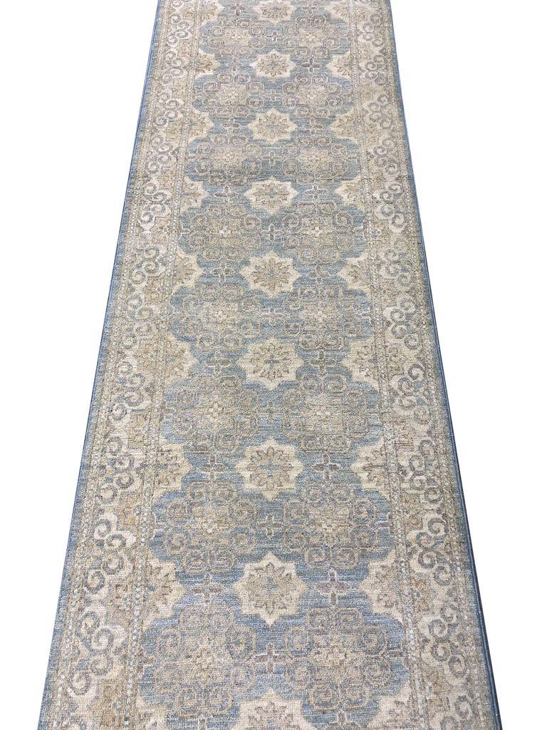 9' Foot Runner GREEN Handmade Chobi Peshawar Rug #F-6754