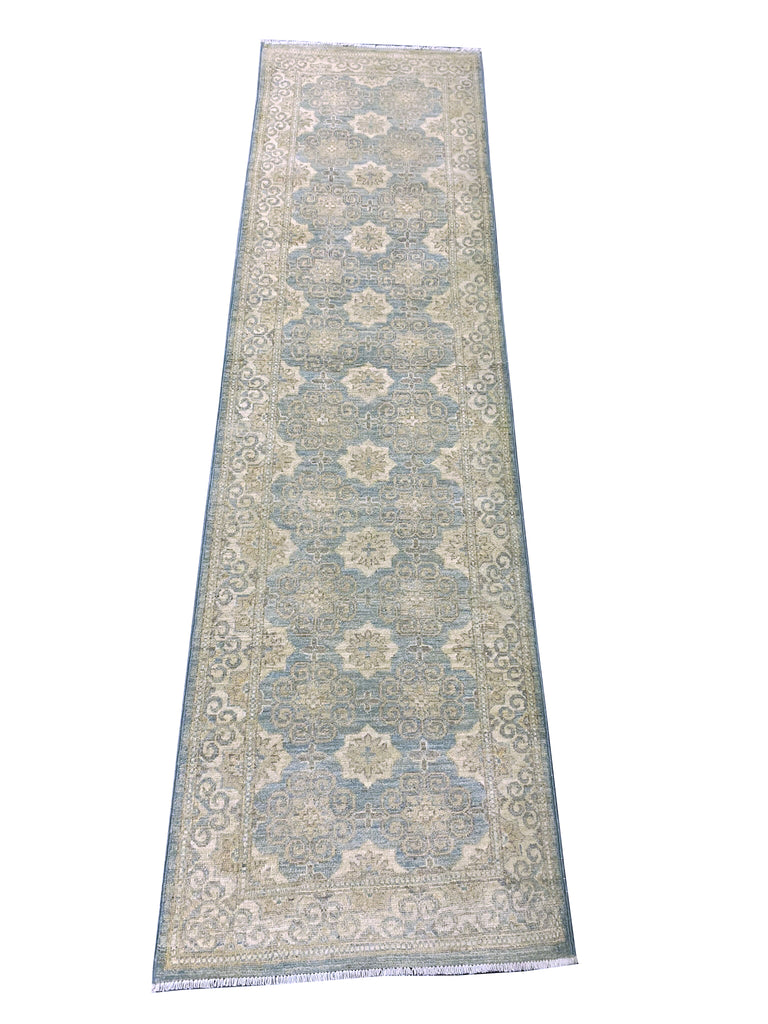 9' Foot Runner GREEN Handmade Chobi Peshawar Rug #F-6754