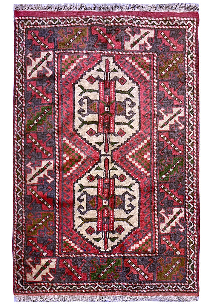 2.10 x 4.3 Coral Afghan Handmade Wool Pile Tribal Rug 19754