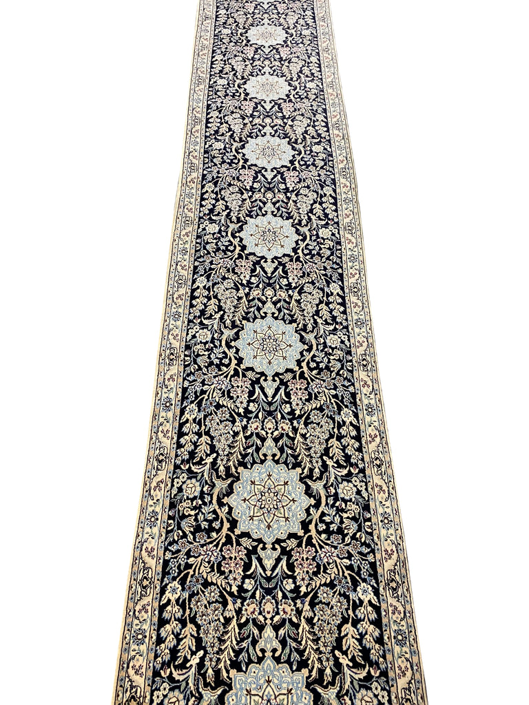 12' Feet Runner Authentic Quality Persian Wool and Silk Nain Rug #F-6790