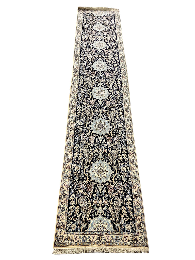 12' Feet Runner Authentic Quality Persian Wool and Silk Nain Rug #F-6790