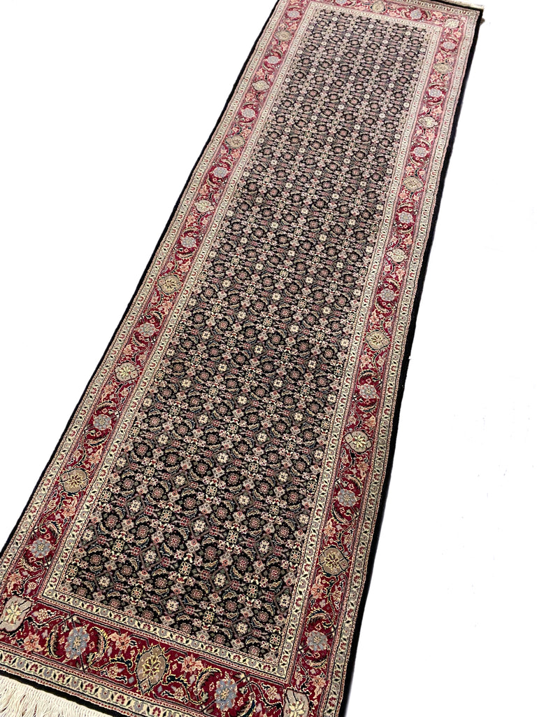8' Feet Runner Herati Fish Tabriz BLACK Fine Rug Wool and SILK #F-6794