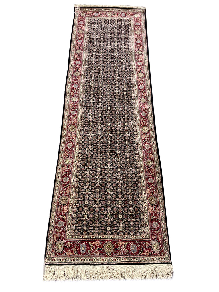8' Feet Runner Herati Fish Tabriz BLACK Fine Rug Wool and SILK #F-6794