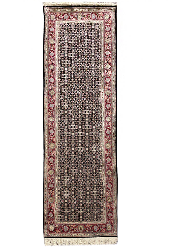 8' Feet Runner Herati Fish Tabriz BLACK Fine Rug Wool and SILK #F-6794