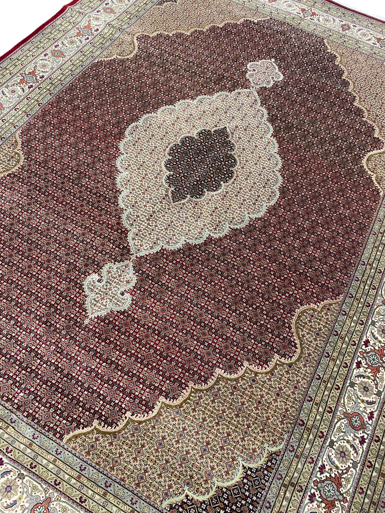 10 x 13.4 Fine Quality Wool and Silk Tabriz Mahi handmade in India Lustrous Pile Dense Weave #F-6813