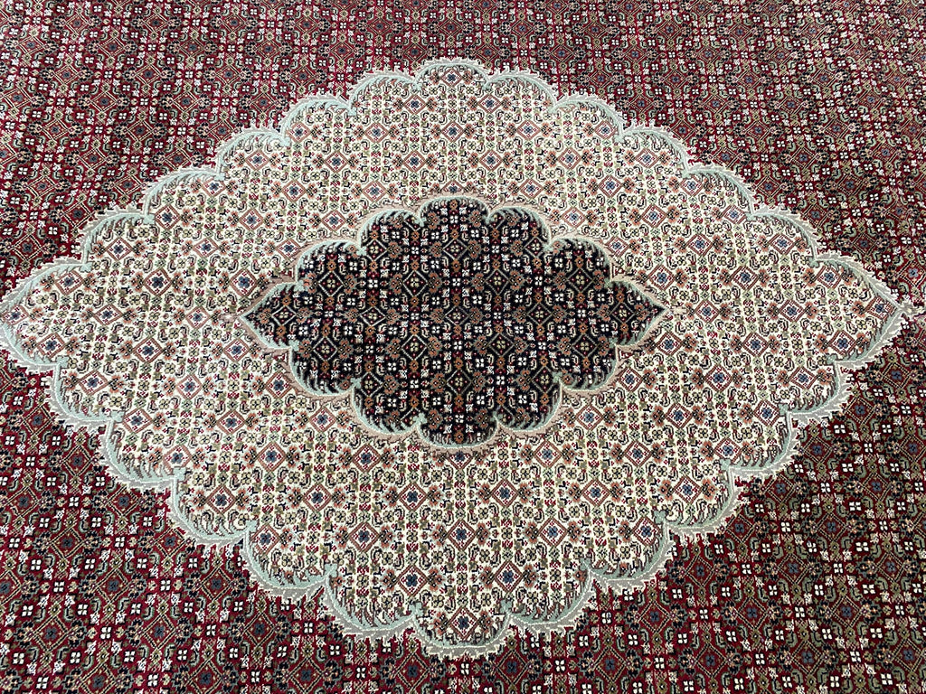 10 x 13.4 Fine Quality Wool and Silk Tabriz Mahi handmade in India Lustrous Pile Dense Weave #F-6813