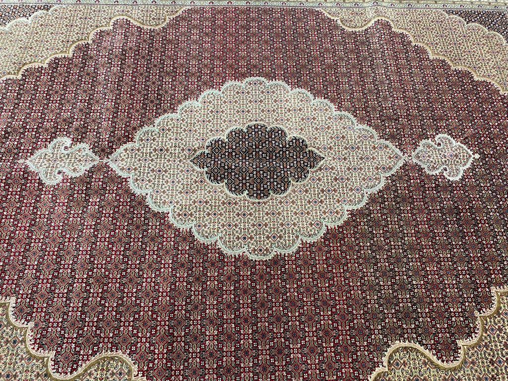 10 x 13.4 Fine Quality Wool and Silk Tabriz Mahi handmade in India Lustrous Pile Dense Weave #F-6813