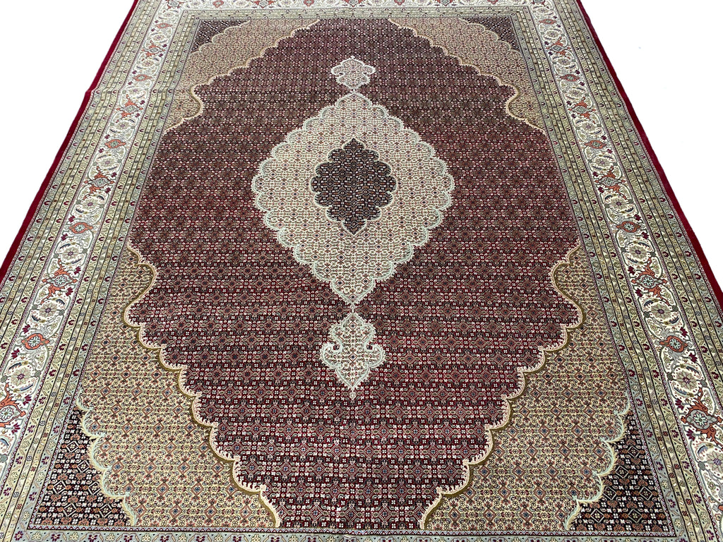 10 x 13.4 Fine Quality Wool and Silk Tabriz Mahi handmade in India Lustrous Pile Dense Weave #F-6813