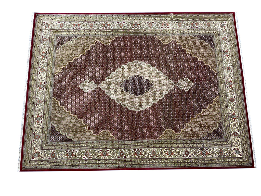 10 x 13.4 Fine Quality Wool and Silk Tabriz Mahi handmade in India Lustrous Pile Dense Weave #F-6813