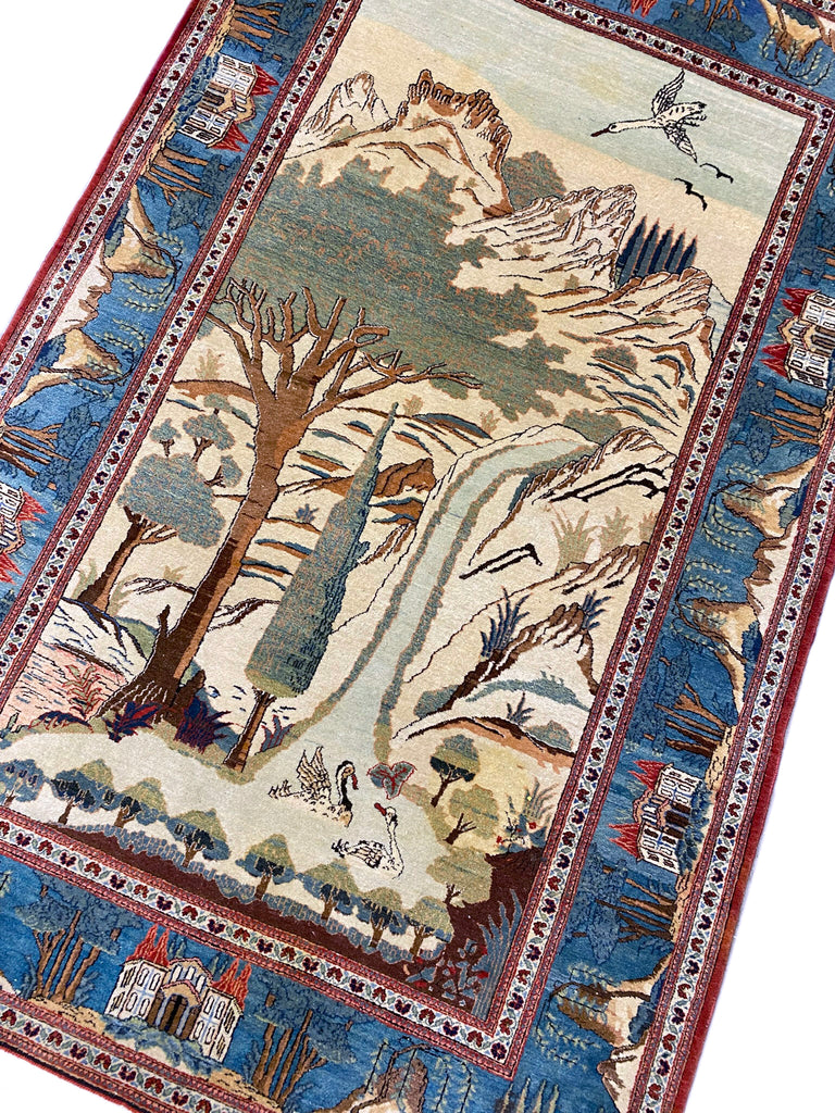 4.4 x 6.9 Genuine Persian Tehran Rug Scenery Carpet #F-6814