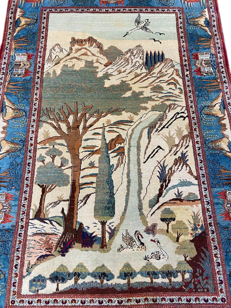 4.4 x 6.9 Genuine Persian Tehran Rug Scenery Carpet #F-6814