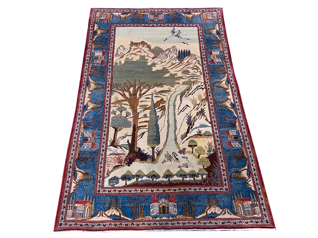 4.4 x 6.9 Genuine Persian Tehran Rug Scenery Carpet #F-6814