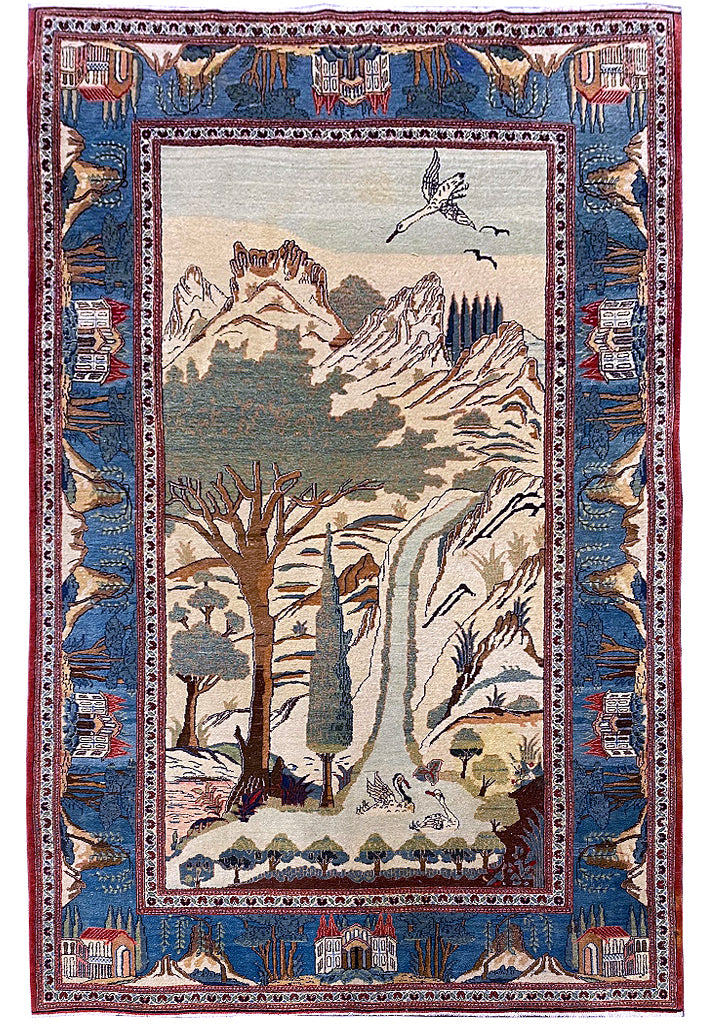 4.4 x 6.9 Genuine Persian Tehran Rug Scenery Carpet #F-6814