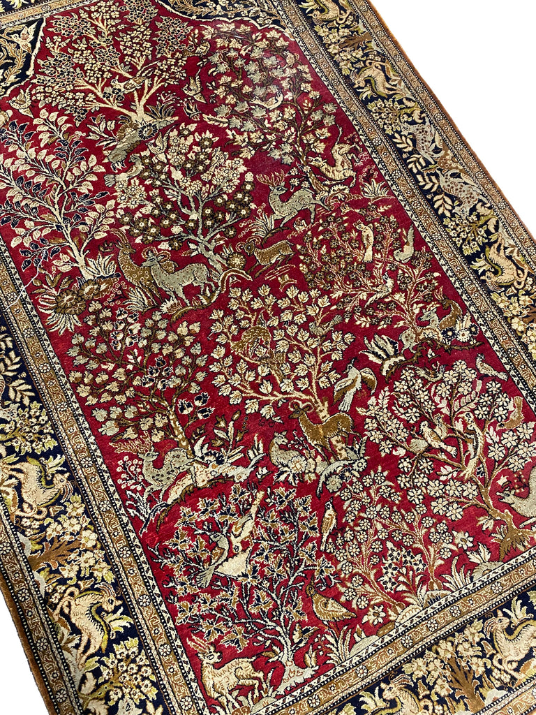 3.6 x 5.4 Persian SILK Qom Rug TREE OF LIFE Wild Life #F-6861