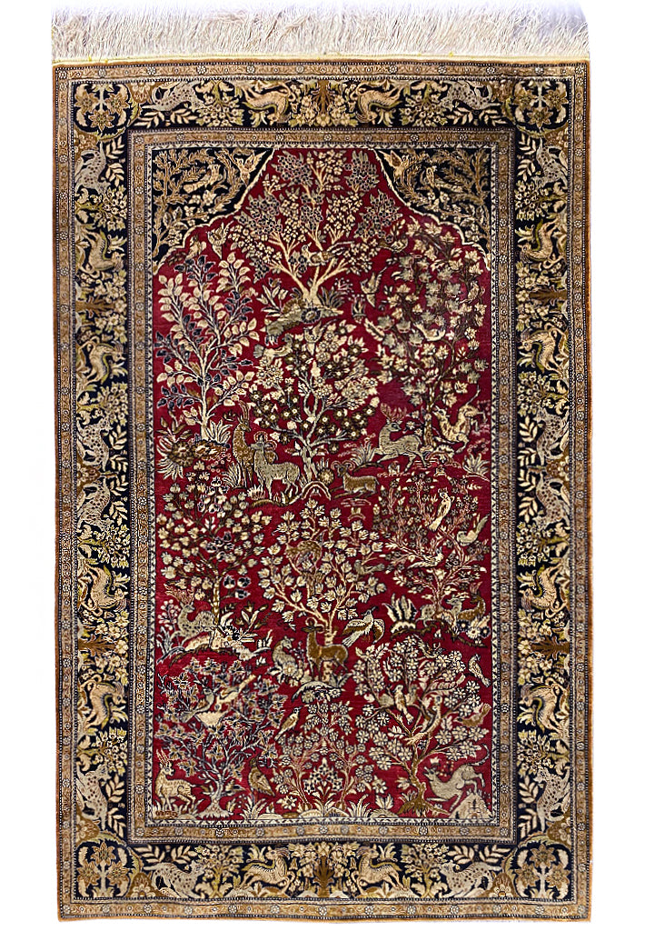 3.6 x 5.4 Persian SILK Qom Rug TREE OF LIFE Wild Life #F-6861