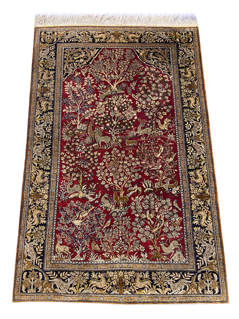 3.6 x 5.4 Persian SILK Qom Rug TREE OF LIFE Wild Life #F-6861