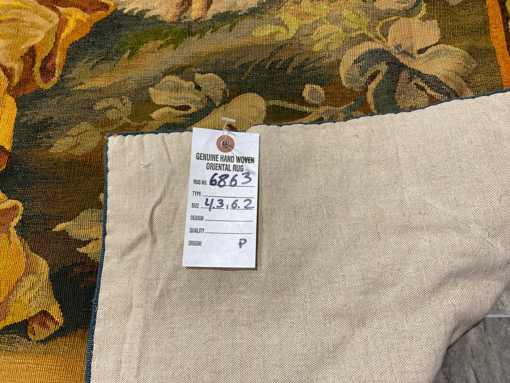 4.3 x 6.2 Authentic Antique Fine Hand 17th Century Stitched Tapestry Scenery Rug #F-6863