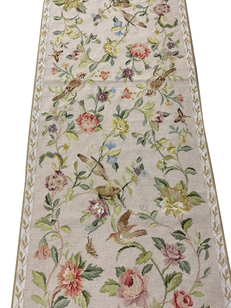 2.6 x 8.0 Runner Needle Point Flat Weave Wool BIRDS French Love #F-6917