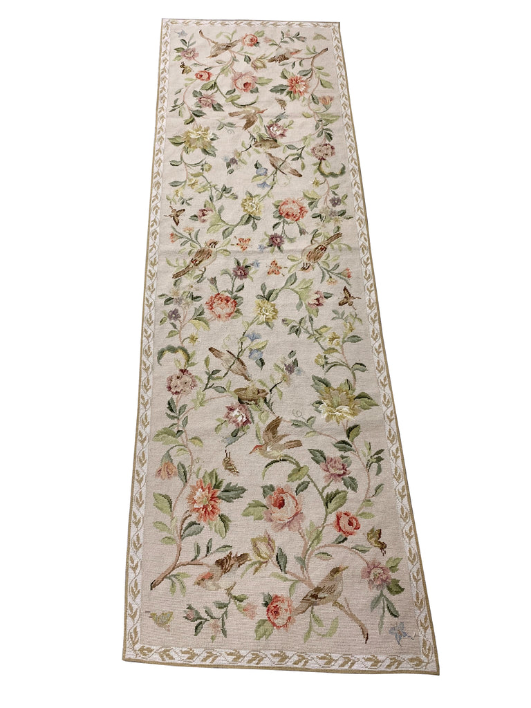 2.6 x 8.0 Runner Needle Point Flat Weave Wool BIRDS French Love #F-6917