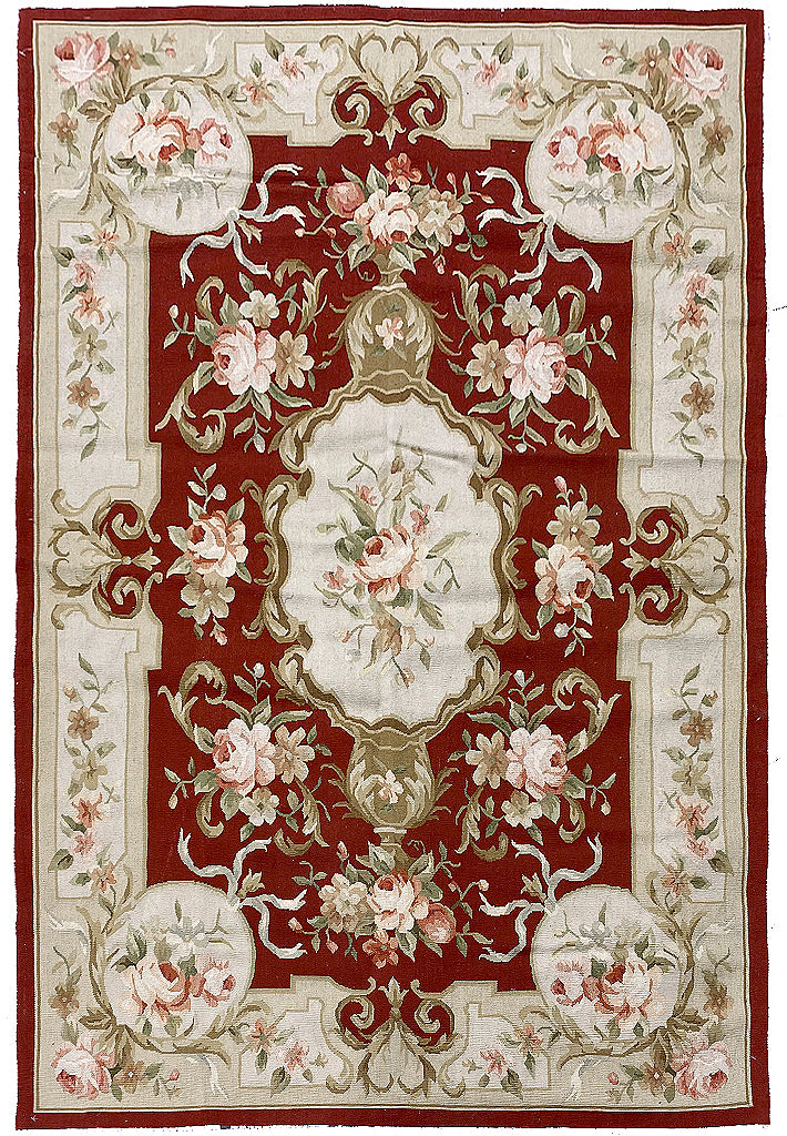 4.0 x 6.0 Fine Flat Aubusson Weave Rug French Aubusson BURGUNDY  #F-6918
